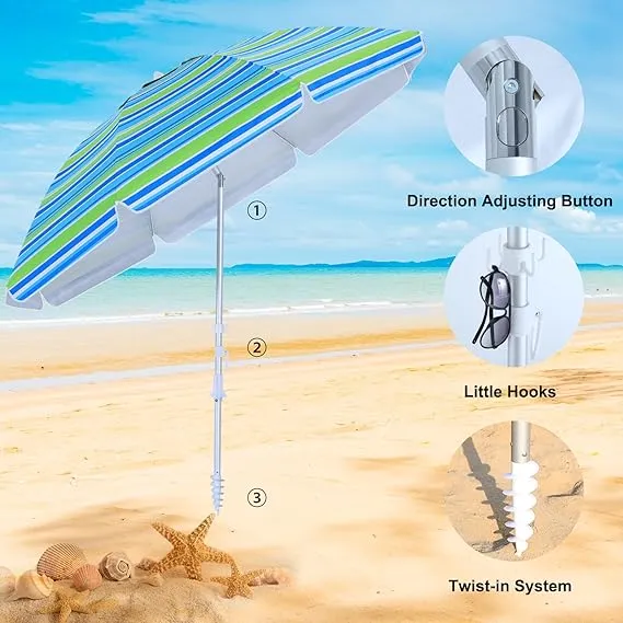 8Ribs Beach Umbrella Windproof 50  UV Protection,with 3 Sandbags and 1 Carry Bag