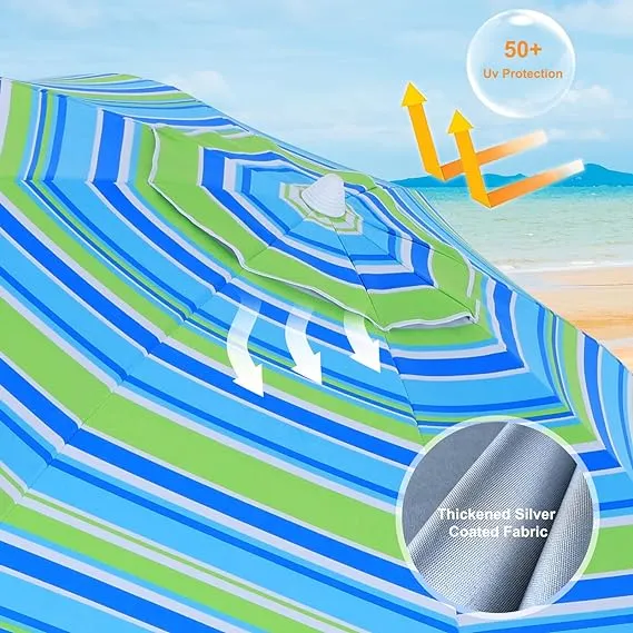 8Ribs Beach Umbrella Windproof 50  UV Protection,with 3 Sandbags and 1 Carry Bag
