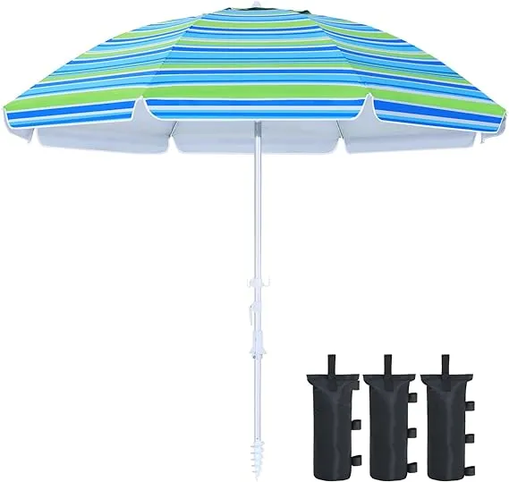 8Ribs Beach Umbrella Windproof 50  UV Protection,with 3 Sandbags and 1 Carry Bag