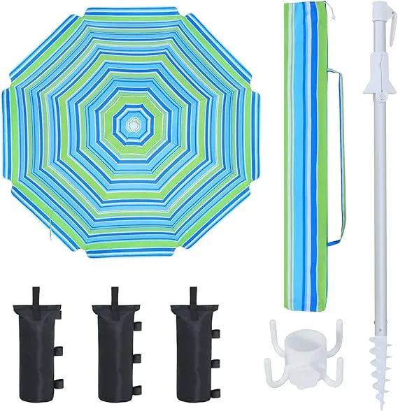 8Ribs Beach Umbrella Windproof 50  UV Protection,with 3 Sandbags and 1 Carry Bag
