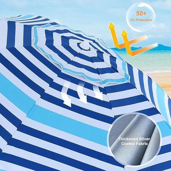 8Ribs Beach Umbrella Windproof 50  UV Protection,with 3 Sandbags and 1 Carry Bag