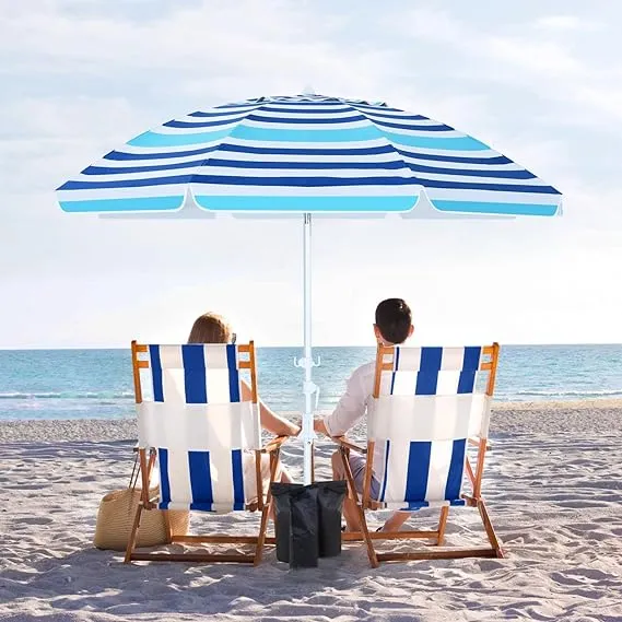 8Ribs Beach Umbrella Windproof 50  UV Protection,with 3 Sandbags and 1 Carry Bag
