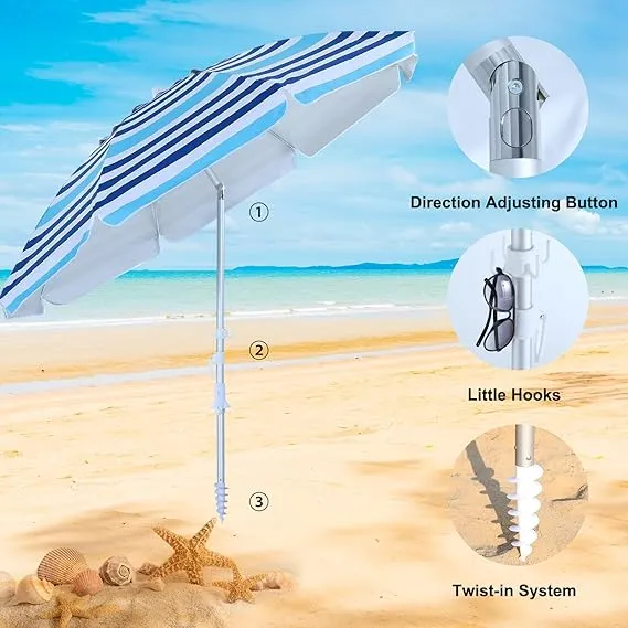 8Ribs Beach Umbrella Windproof 50  UV Protection,with 3 Sandbags and 1 Carry Bag