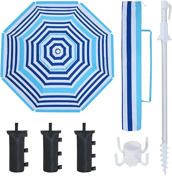 8Ribs Beach Umbrella Windproof 50  UV Protection,with 3 Sandbags and 1 Carry Bag