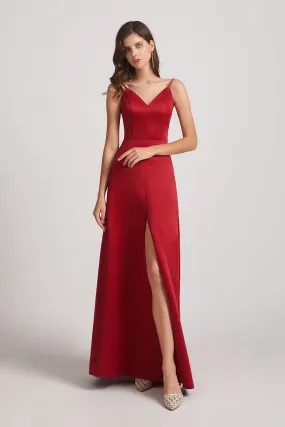 A-Line V-Neck Spaghetti Straps Satin Bridesmaid Dresses with Front Slit (AF0004)