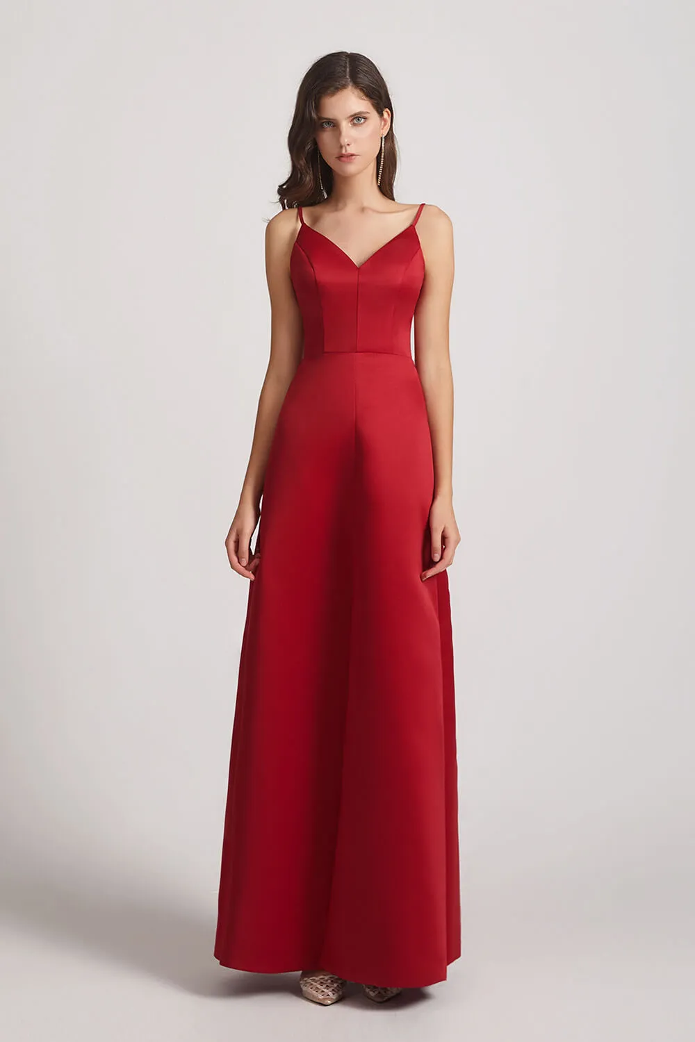 A-Line V-Neck Spaghetti Straps Satin Bridesmaid Dresses with Front Slit (AF0004)