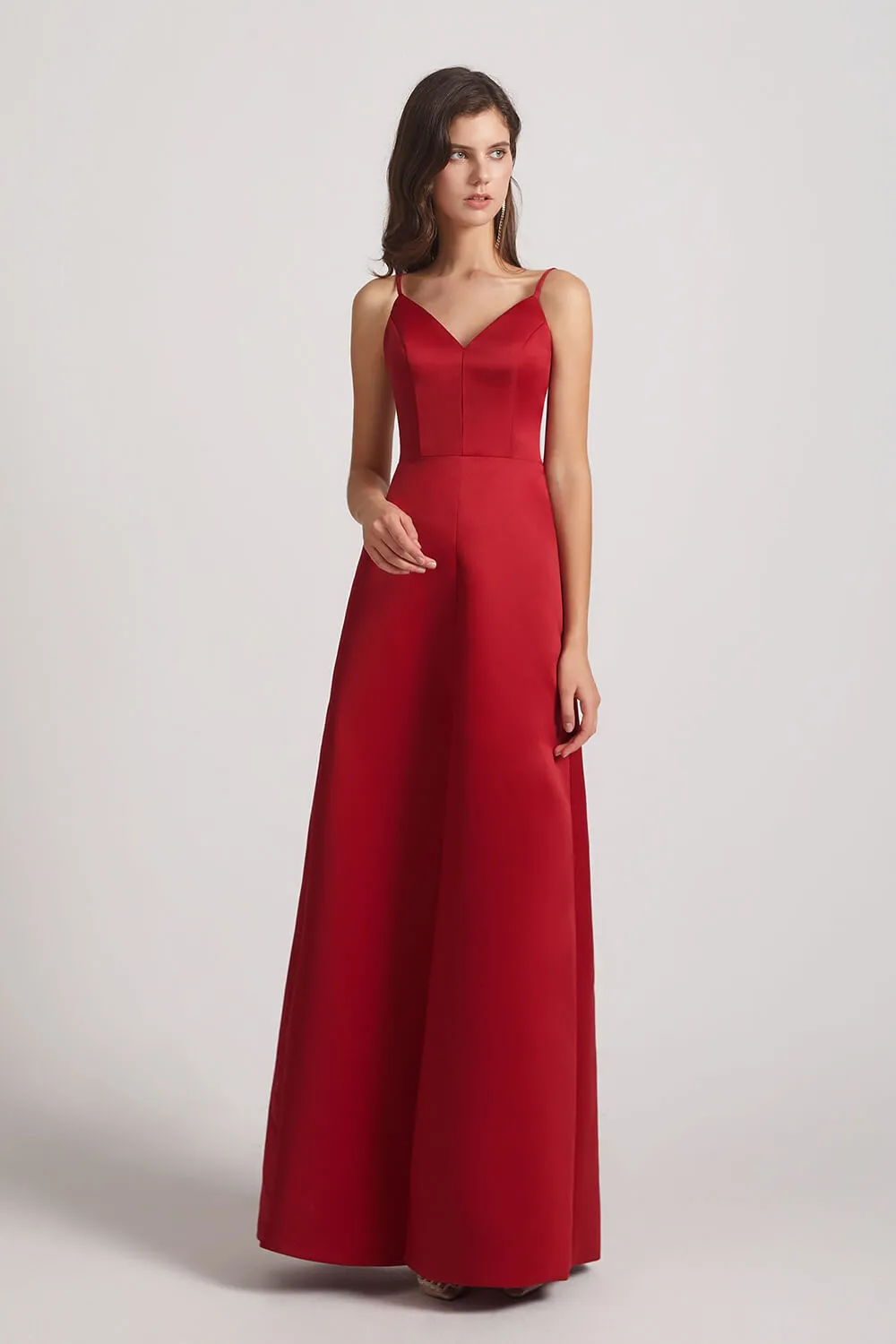 A-Line V-Neck Spaghetti Straps Satin Bridesmaid Dresses with Front Slit (AF0004)
