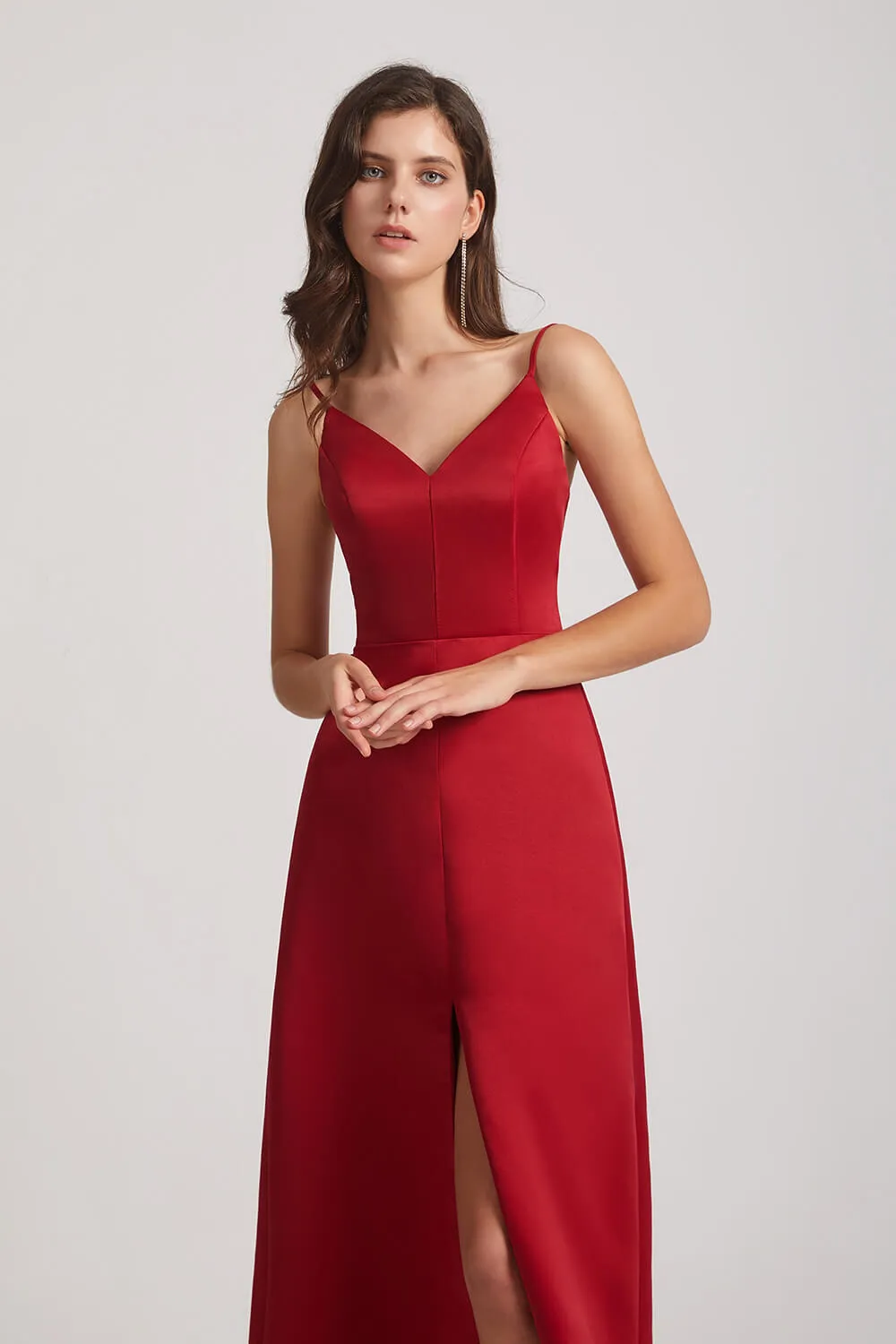 A-Line V-Neck Spaghetti Straps Satin Bridesmaid Dresses with Front Slit (AF0004)