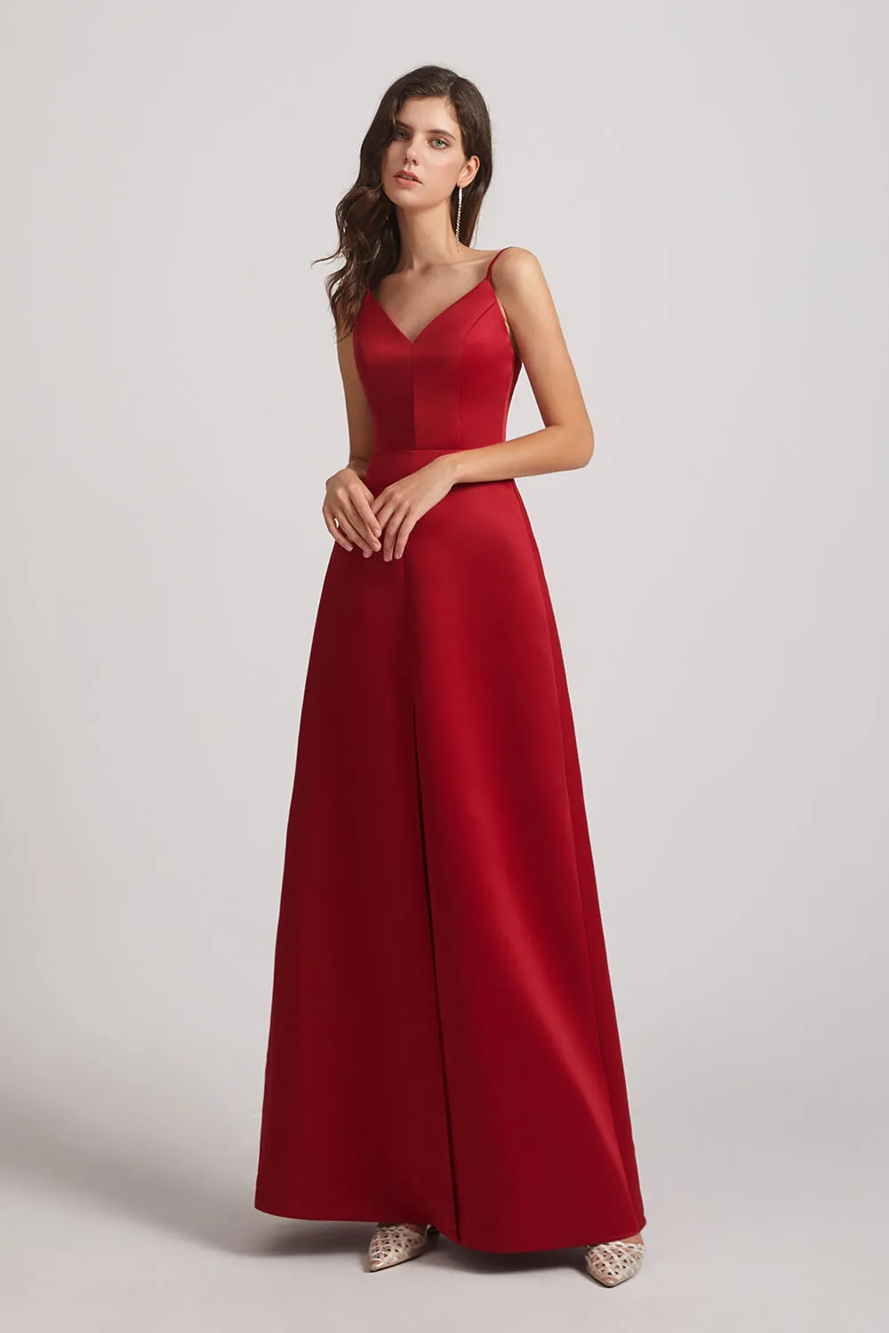 A-Line V-Neck Spaghetti Straps Satin Bridesmaid Dresses with Front Slit (AF0004)