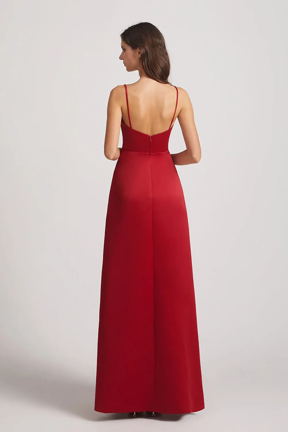 A-Line V-Neck Spaghetti Straps Satin Bridesmaid Dresses with Front Slit (AF0004)