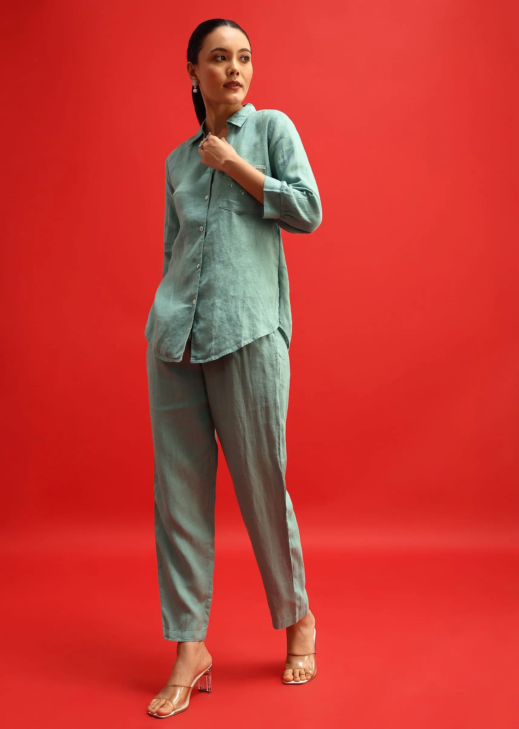 Aqua Green Embroidered Linen Co ord Set