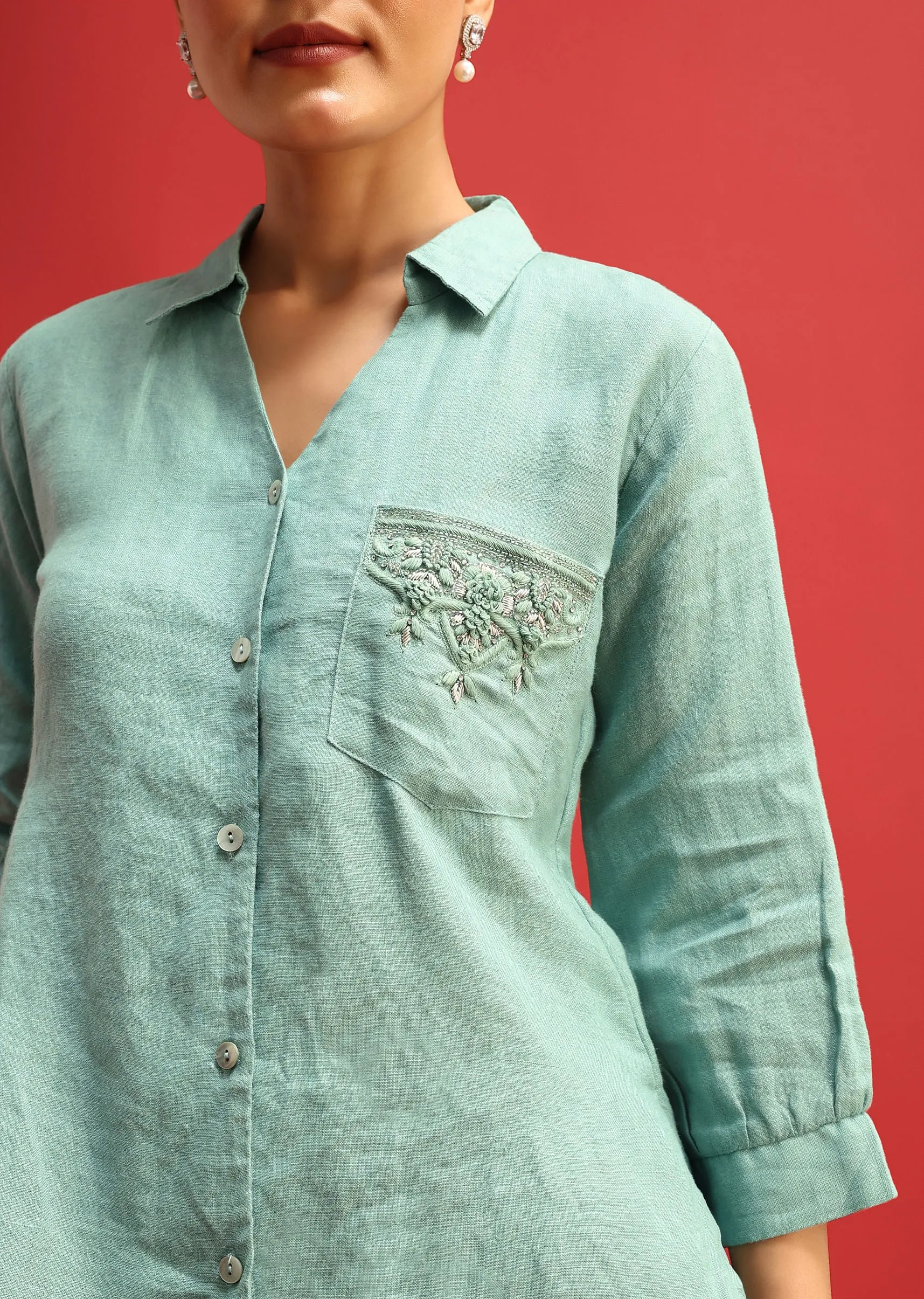 Aqua Green Embroidered Linen Co ord Set