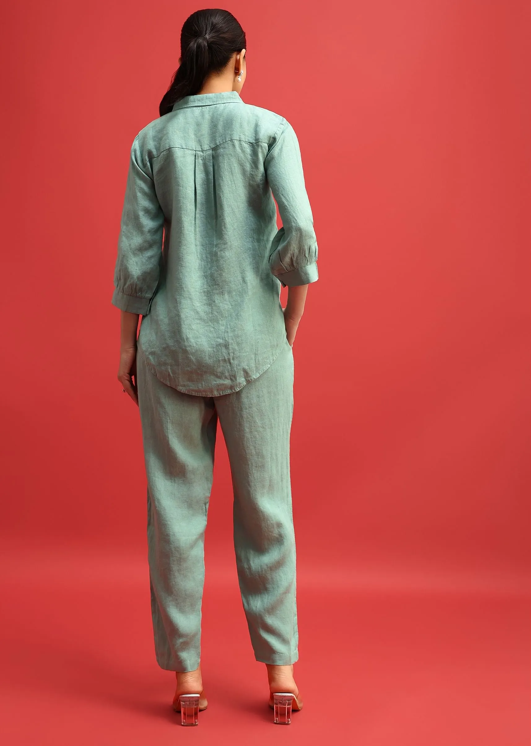 Aqua Green Embroidered Linen Co ord Set