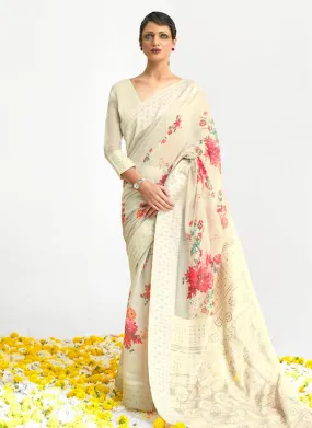 Artistic Look Off-White Color Silk Weaving Floral Print Saree