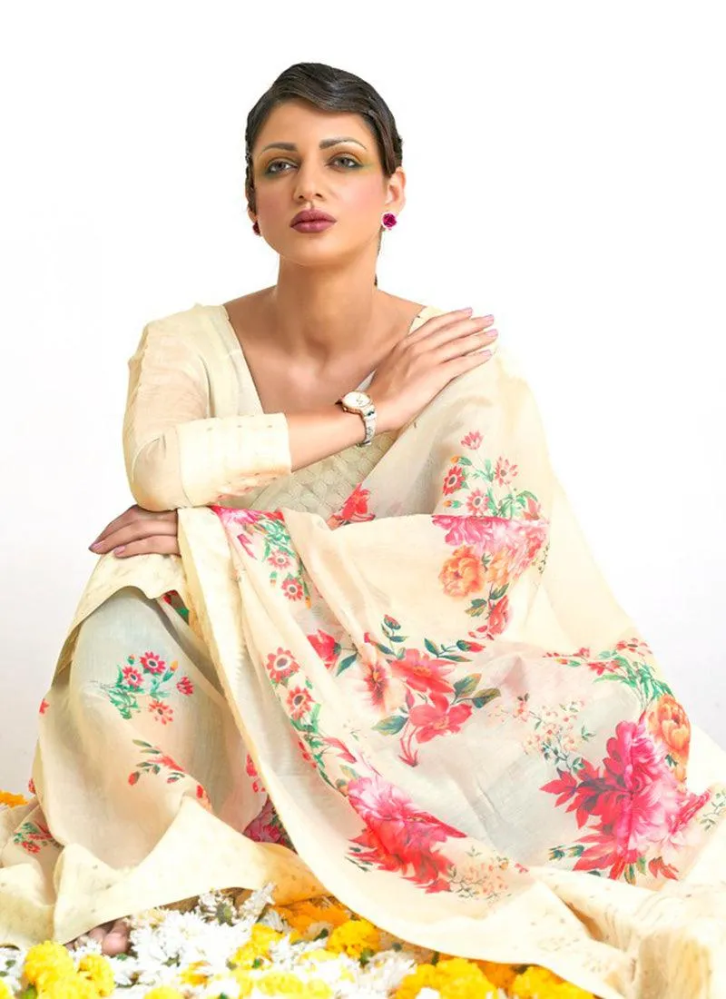 Artistic Look Off-White Color Silk Weaving Floral Print Saree