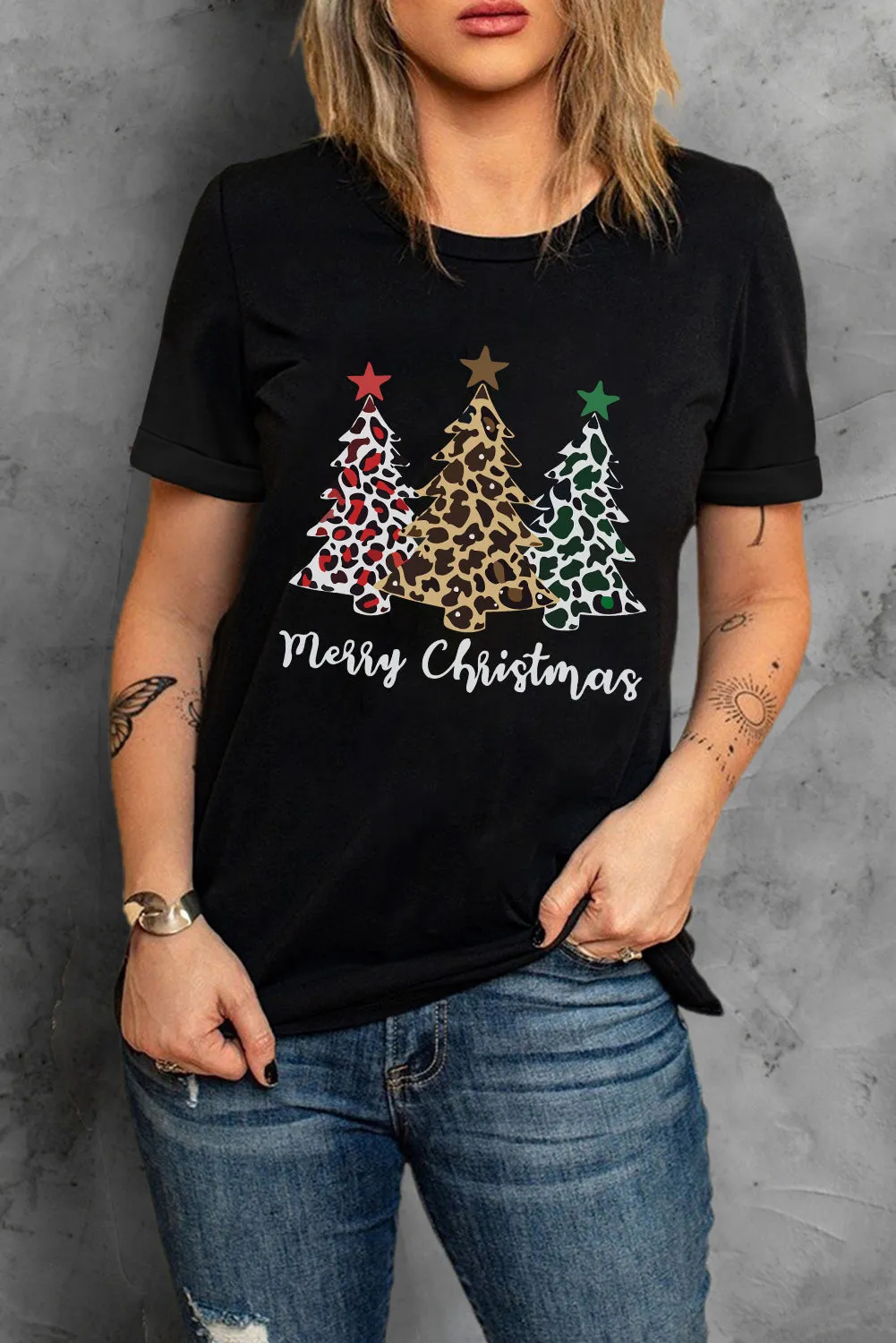 Black Christmas Leopard Tree Graphic Print Top