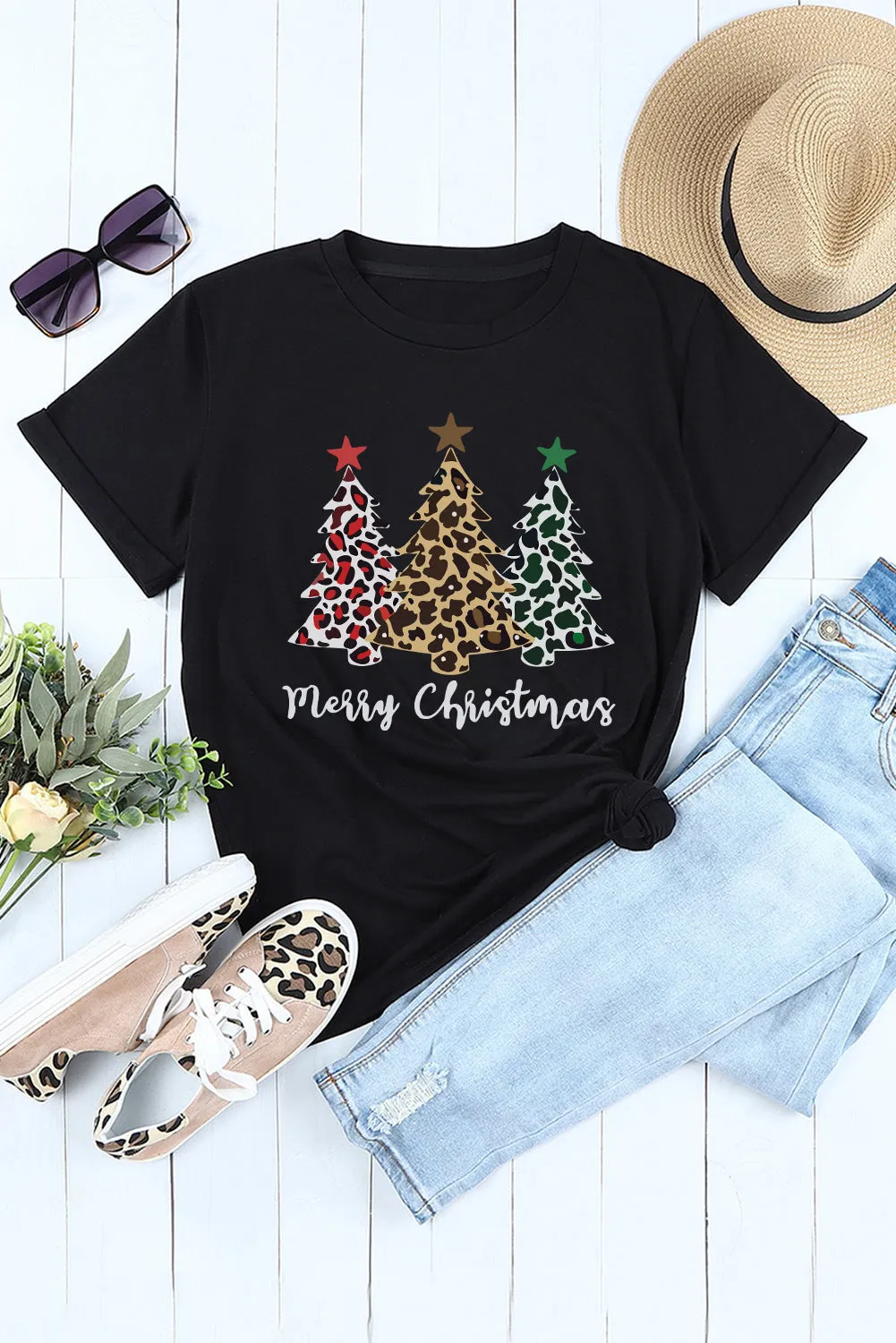 Black Christmas Leopard Tree Graphic Print Top