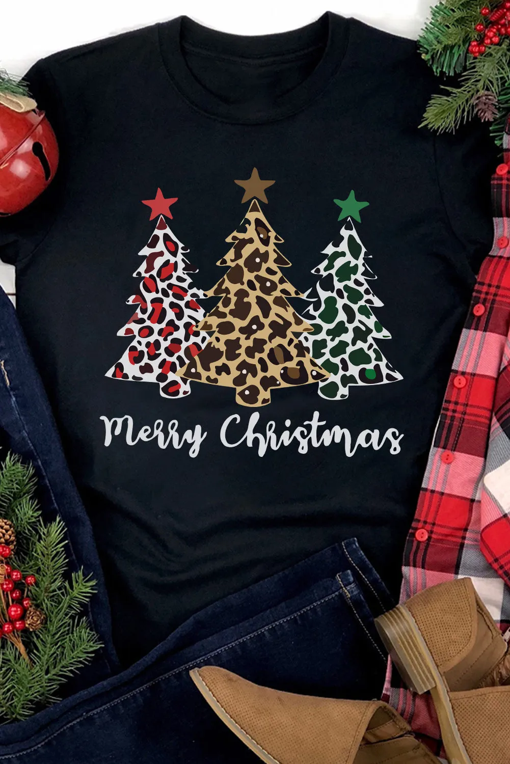 Black Christmas Leopard Tree Graphic Print Top