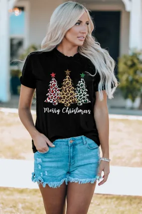 Black Christmas Leopard Tree Graphic Print Top
