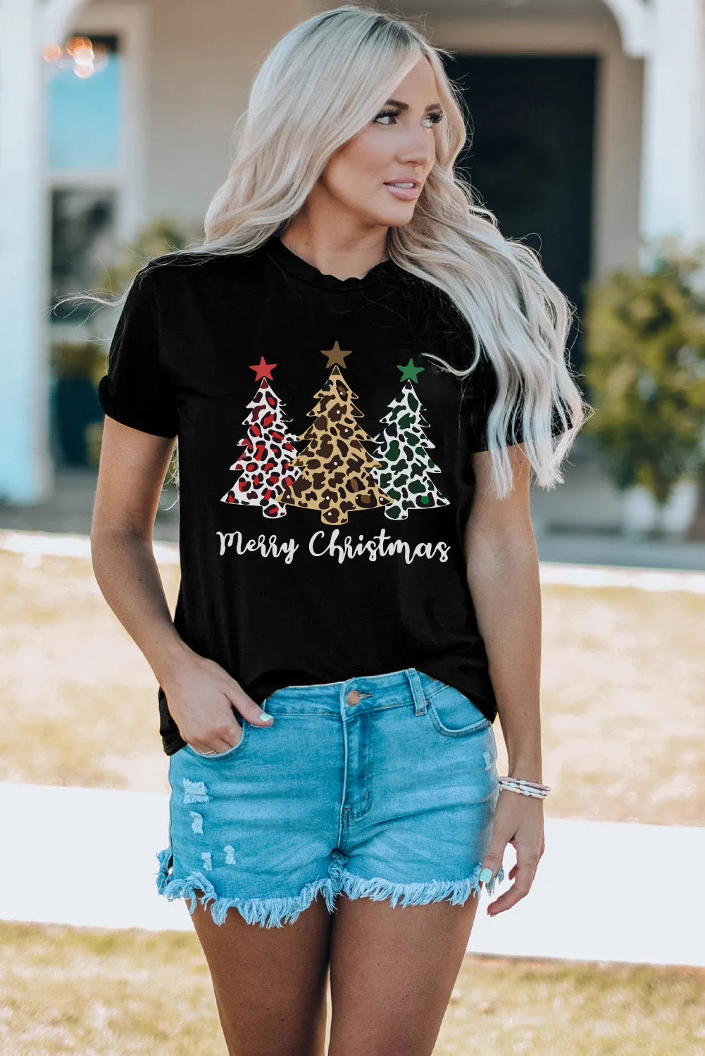 Black Christmas Leopard Tree Graphic Print Top