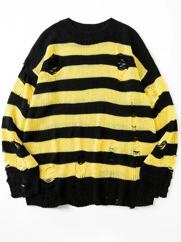Black Stripe Sweaters Destroyed Ripped Sweater Women Pullover Hole Knit Jumpers