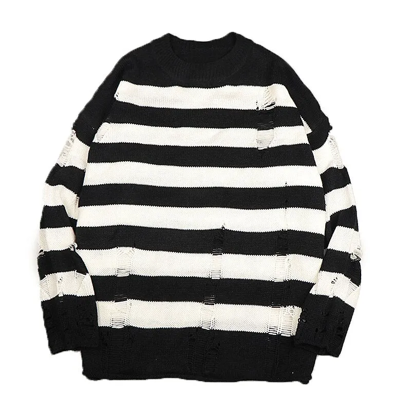 Black Stripe Sweaters Destroyed Ripped Sweater Women Pullover Hole Knit Jumpers