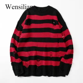 Black Stripe Sweaters Destroyed Ripped Sweater Women Pullover Hole Knit Jumpers