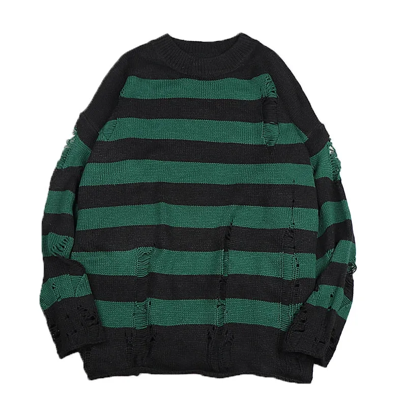 Black Stripe Sweaters Destroyed Ripped Sweater Women Pullover Hole Knit Jumpers