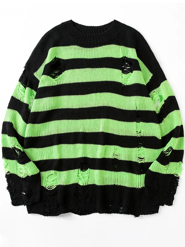 Black Stripe Sweaters Destroyed Ripped Sweater Women Pullover Hole Knit Jumpers