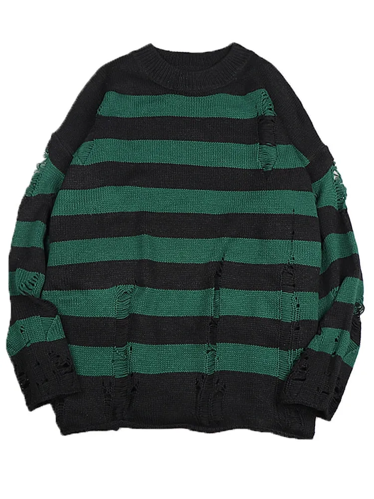 Black Stripe Sweaters Destroyed Ripped Sweater Women Pullover Hole Knit Jumpers