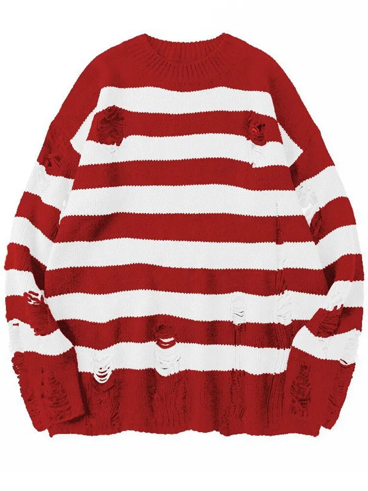Black Stripe Sweaters Destroyed Ripped Sweater Women Pullover Hole Knit Jumpers