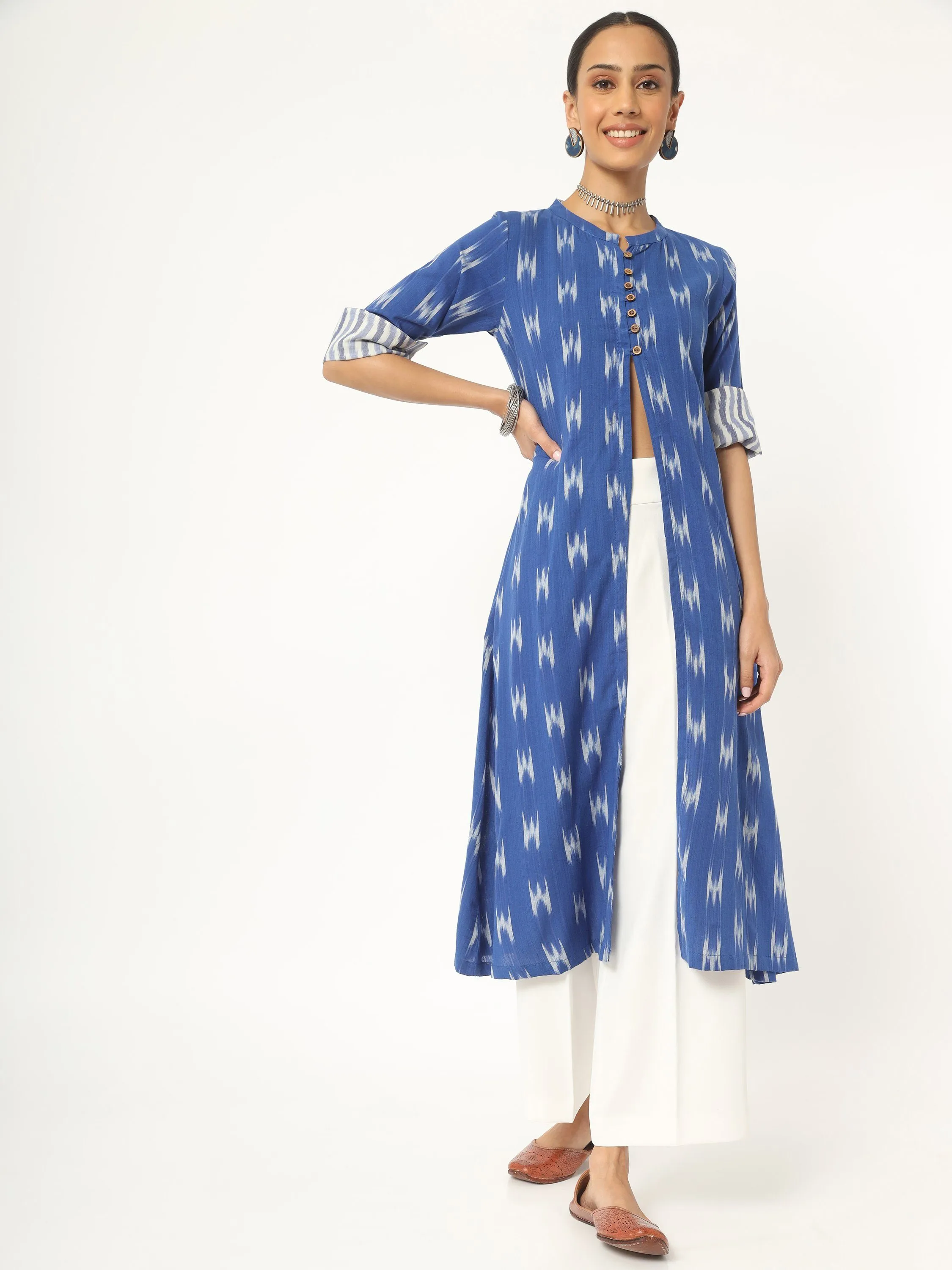 Blue Ikat Front Open Kurti