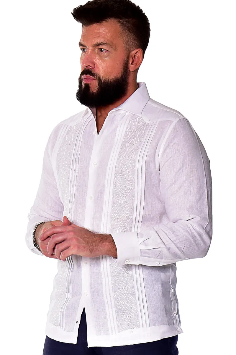 Bohio Mens 100% Linen Fancy Guayabera Style Shirt for Men - Embroidered and Pin-Tucked in (3) Colors MLFG2034