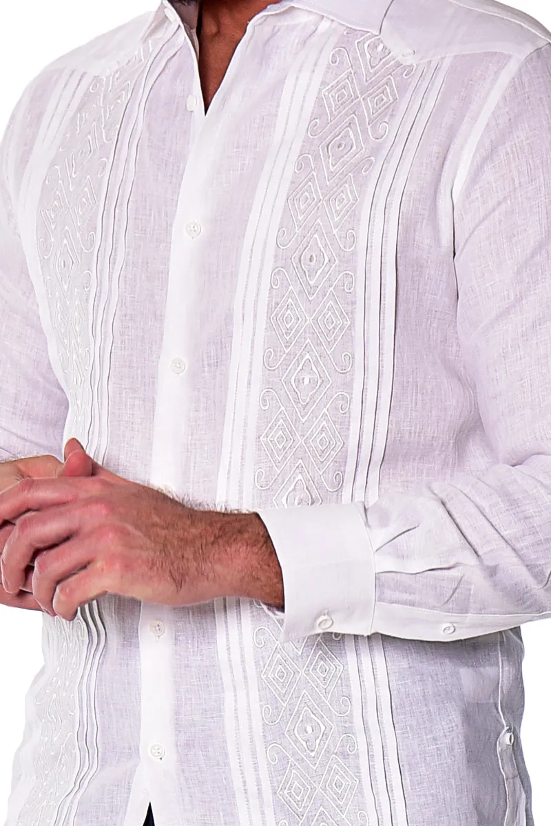 Bohio Mens 100% Linen Fancy Guayabera Style Shirt for Men - Embroidered and Pin-Tucked in (3) Colors MLFG2034