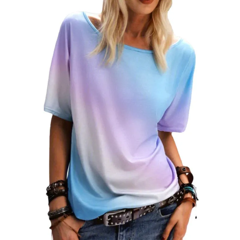 Casual round neck rainbow printed t-shirt loose top
