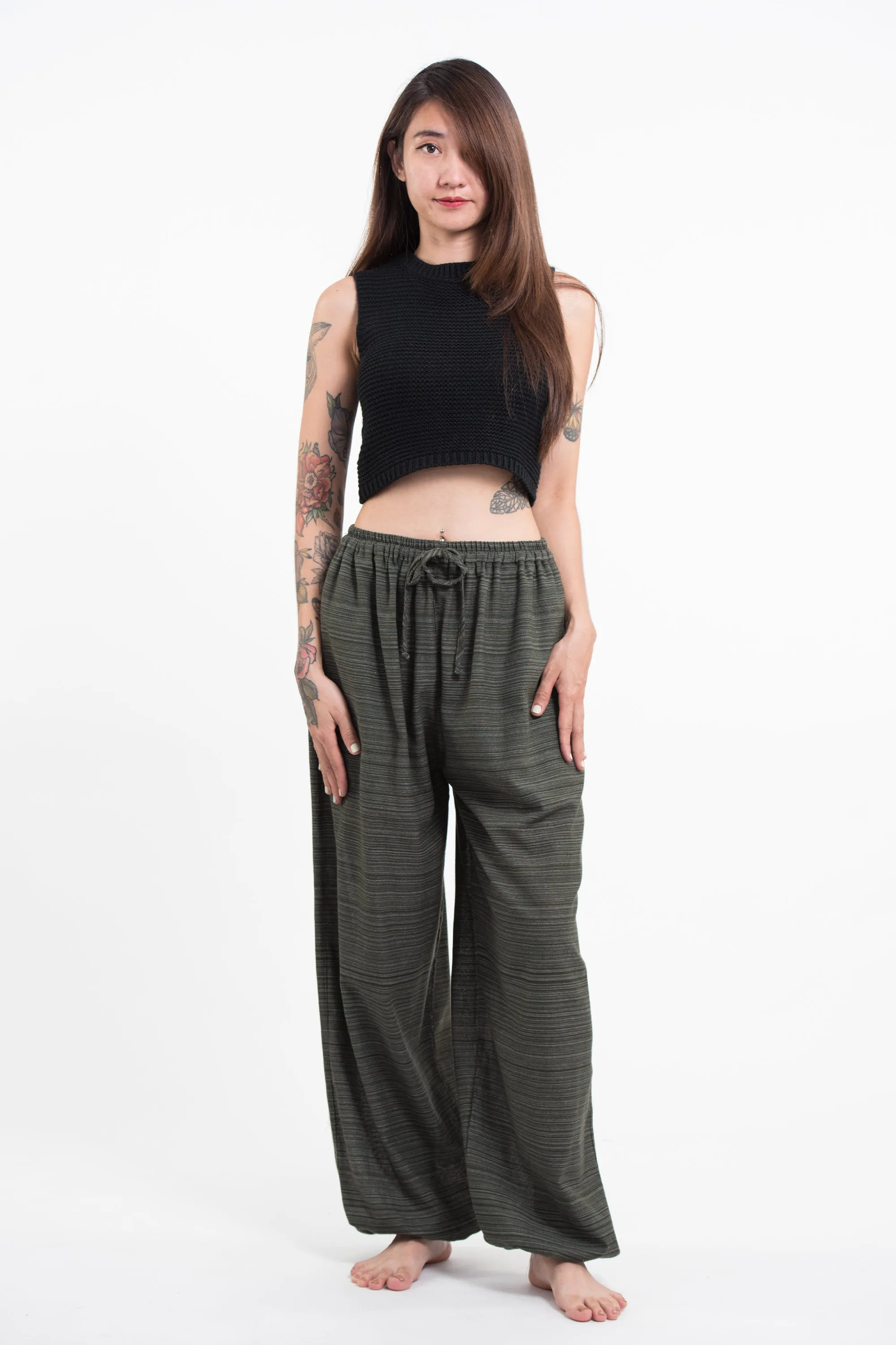 Drawstring Pinstripe Women's Pants in Green