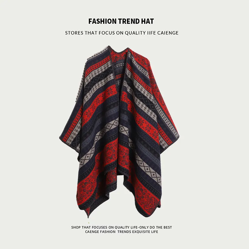 Ethnic Style Women's Shawl, Thickened Cape Coat for Autumn and Winter, Travel Photography Split Cloak
