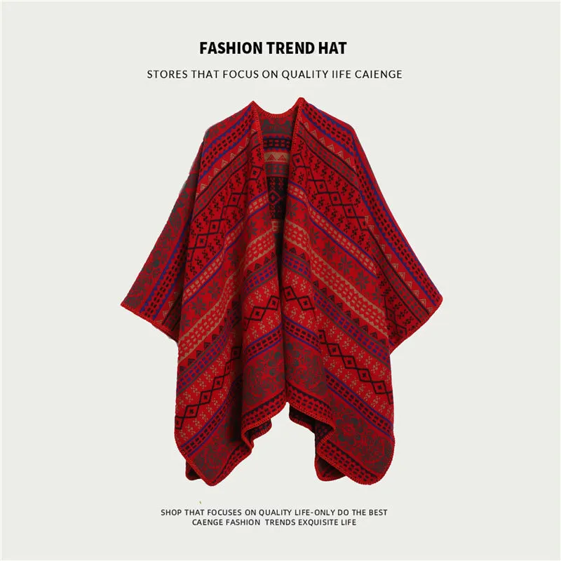 Ethnic Style Women's Shawl, Thickened Cape Coat for Autumn and Winter, Travel Photography Split Cloak