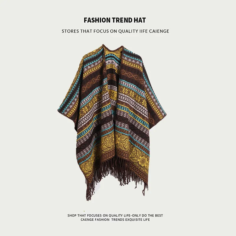 Ethnic Style Women's Shawl, Thickened Cape Coat for Autumn and Winter, Travel Photography Split Cloak