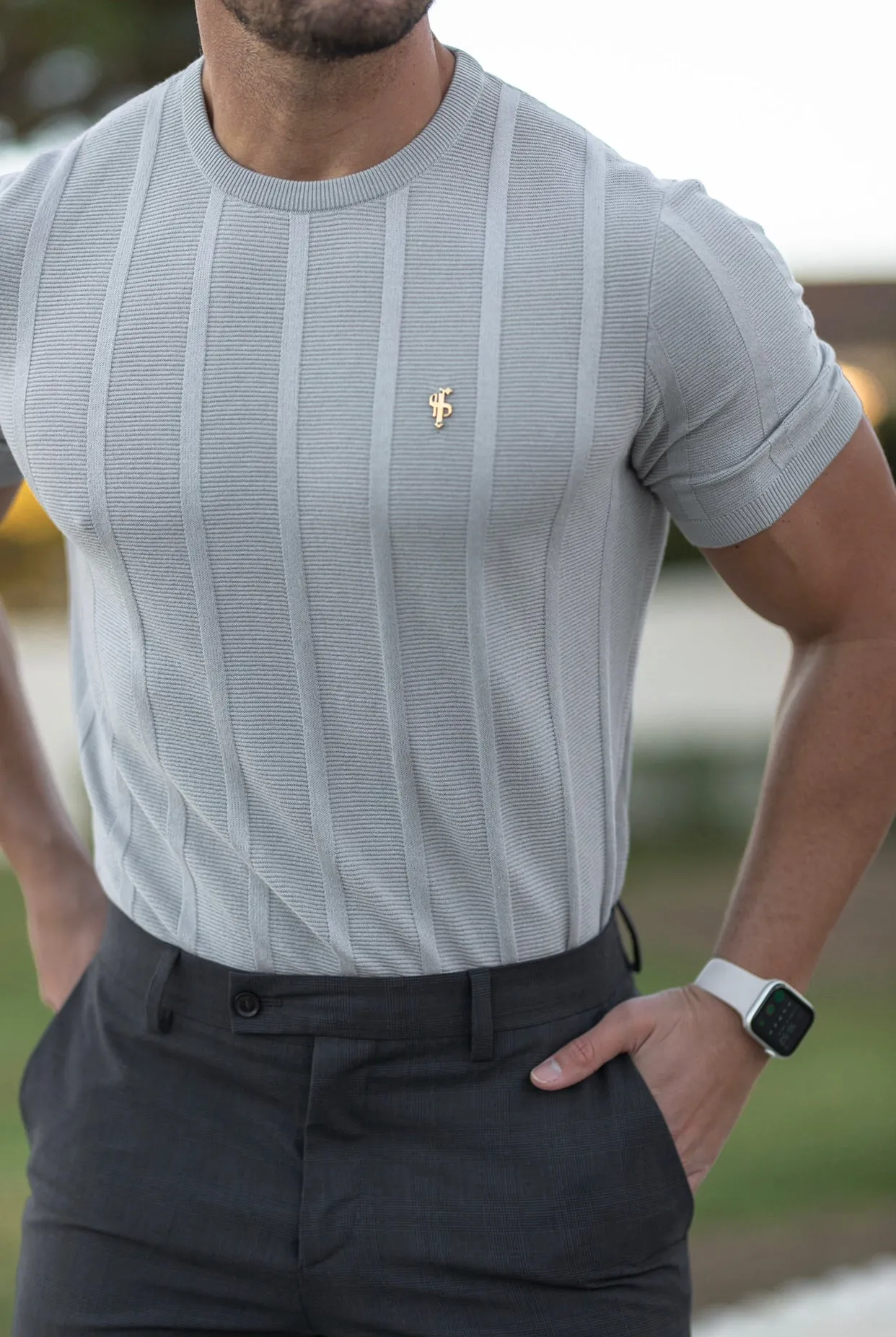 Father Sons Classic Short Sleeve Light Grey Knitted Wide Rib Crew with Gold Emblem - FSH560