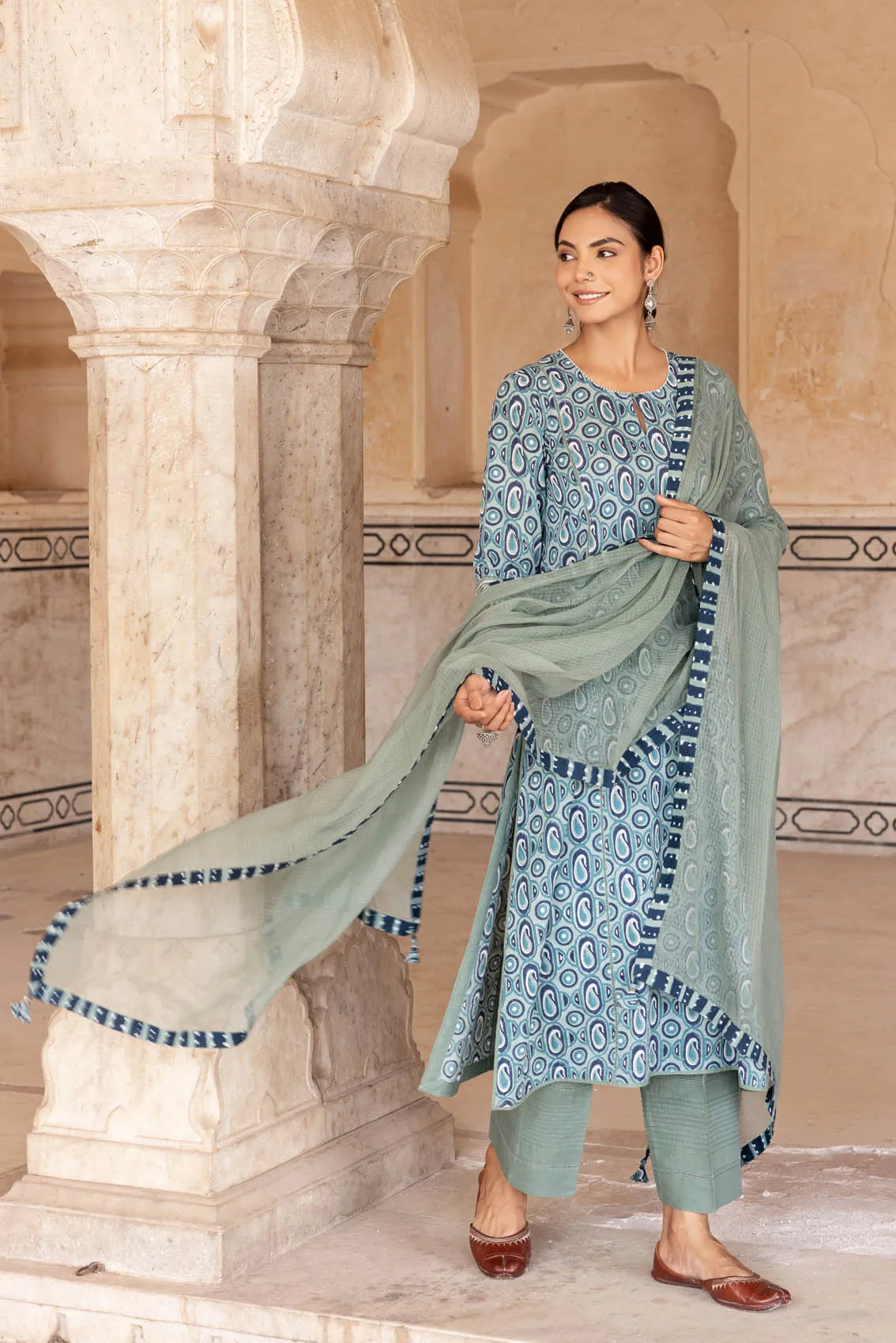Green Paisley Block Print Kurta