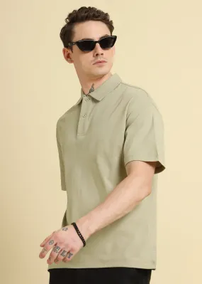Green Patterned Drop Shoulder Polo T-shirt