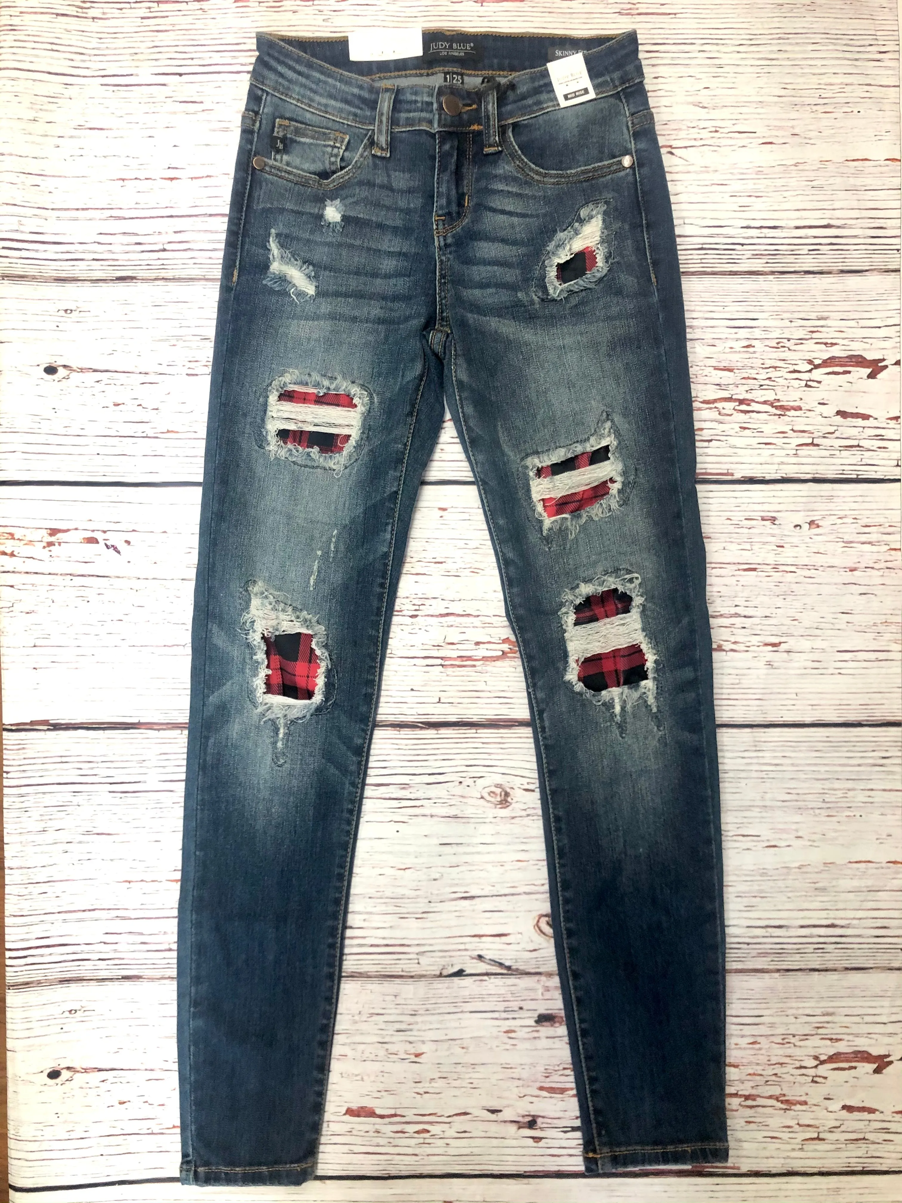 #H136 Skinny Original Buffalo Plaid Patch Judy Blue Skinny Jeans