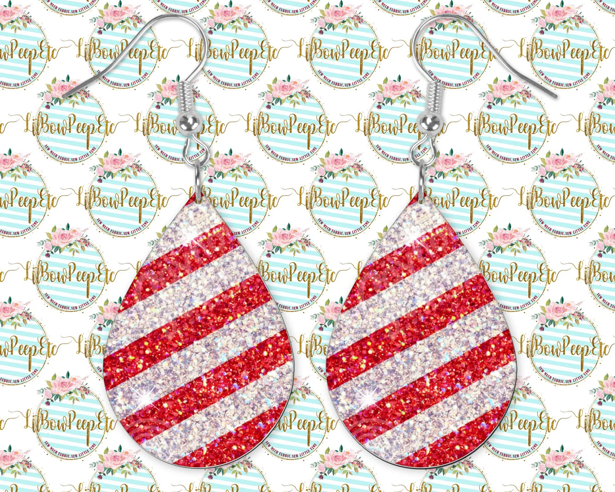 Hardboard Earrings Red and White glitter stripe