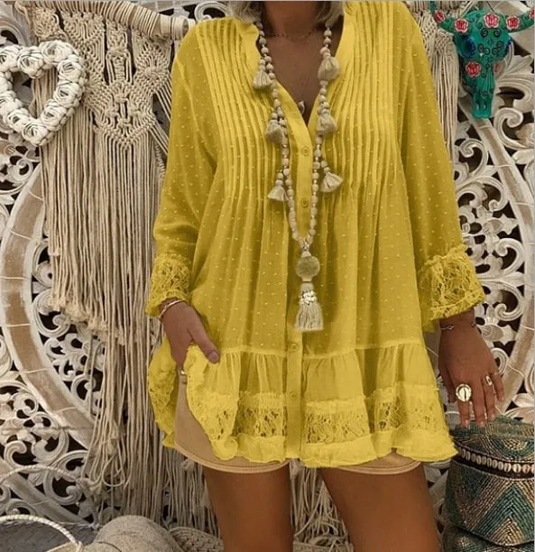 hulianfu  5XL Plus Size White Lace Blouse hulianfu  Women Summer V Neck Long Sleeve Chiffon Blouse Shirt Big Sizes Loose Ladies Tunic Tops