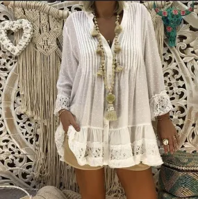 hulianfu  5XL Plus Size White Lace Blouse hulianfu  Women Summer V Neck Long Sleeve Chiffon Blouse Shirt Big Sizes Loose Ladies Tunic Tops