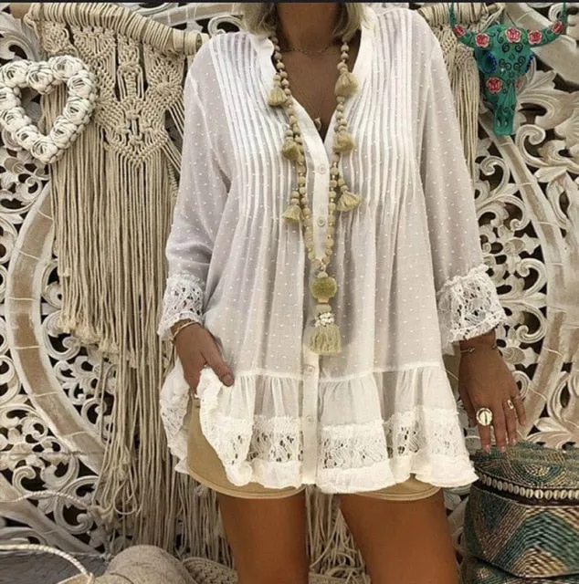 hulianfu  5XL Plus Size White Lace Blouse hulianfu  Women Summer V Neck Long Sleeve Chiffon Blouse Shirt Big Sizes Loose Ladies Tunic Tops