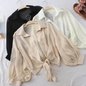 Hulianfu Chiffon Shirts Women Summer Half Sleeve Buttoned Up Shirt Loose Casual Blouse Tied Waist Elegant Blouses For Women