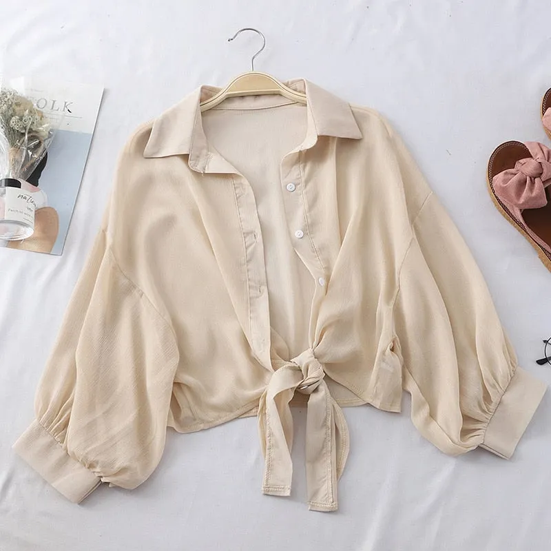 Hulianfu Chiffon Shirts Women Summer Half Sleeve Buttoned Up Shirt Loose Casual Blouse Tied Waist Elegant Blouses For Women