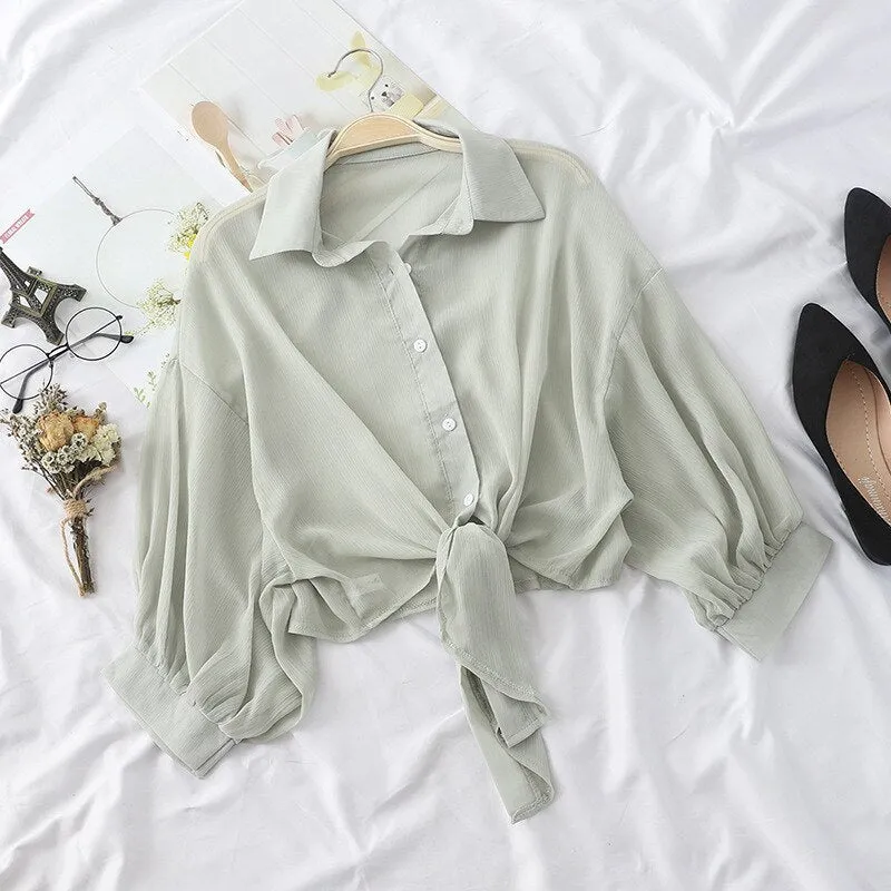 Hulianfu Chiffon Shirts Women Summer Half Sleeve Buttoned Up Shirt Loose Casual Blouse Tied Waist Elegant Blouses For Women